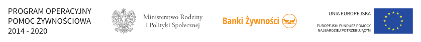 Logotypy Programu Operacyjnego Pomoc Żywnościowa 2014-220, Ministerstwa Rodziny i Polityki Społecznej, Banków Żywności i Europejskiego Funduszu Pomocy Najbardziej Potrzebującym