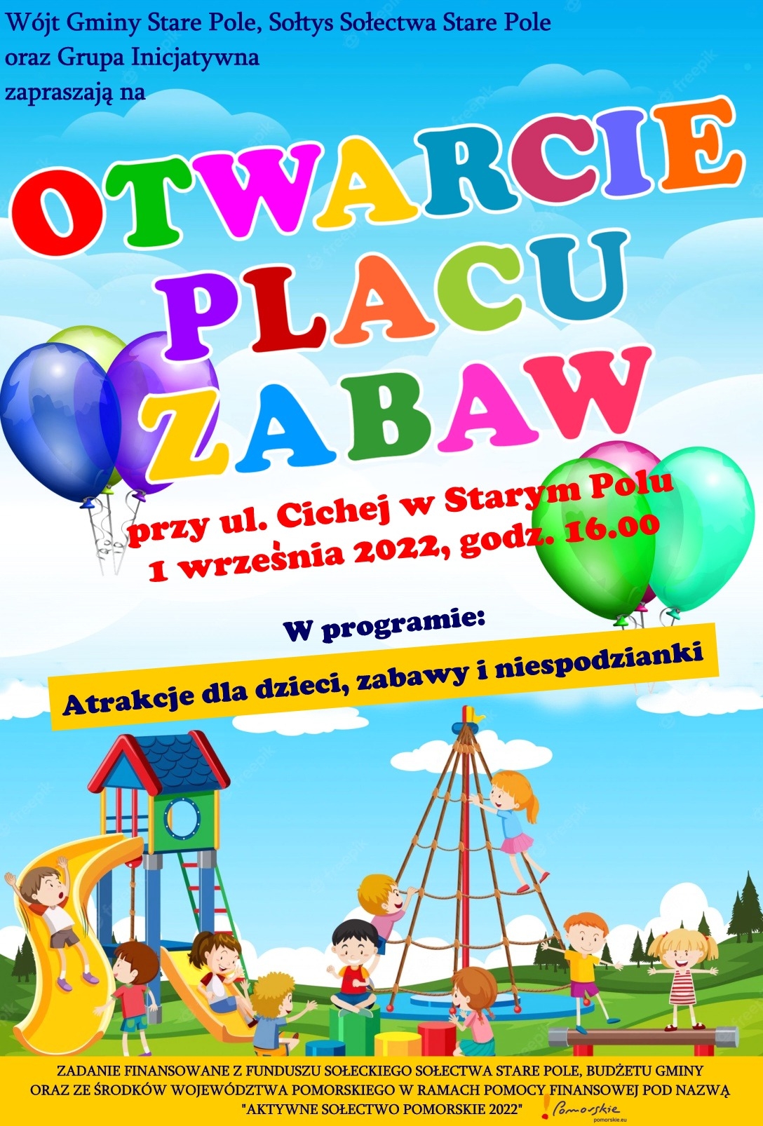 Plakat informujący o otwarciu placu zabaw w Starym Polu
