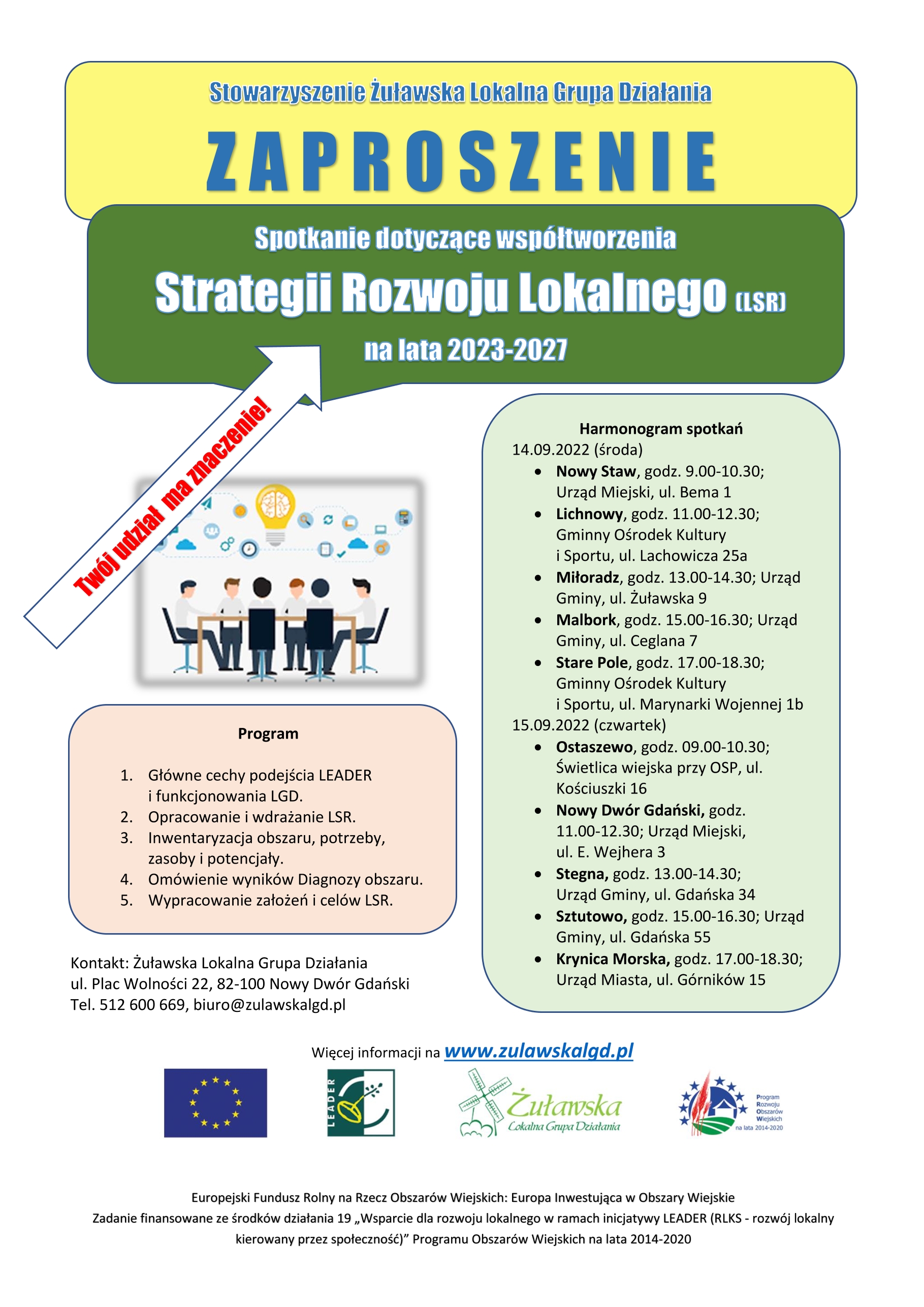 Plakat informujący o spotkaniu dotyczącym współtworzenia Strategii Rozwoju Lokalnego