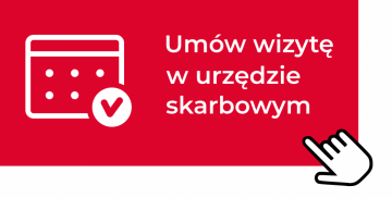 Grafika przedstawia symboliczną dłoń klikającą w banner z napisem "Umów wizytę w Urzędzie Skarbowym"