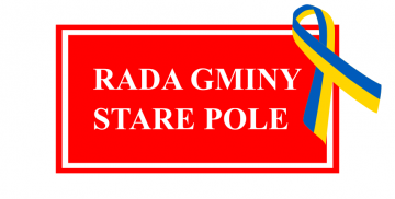 Napis Rada Gminy Stare Pole ze wstążką w barwach Ukrainy