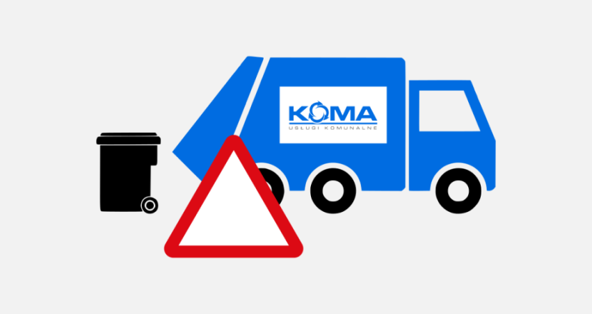 Śmieciarka, kosz na śmieci, trójkąt ostrzegawczy